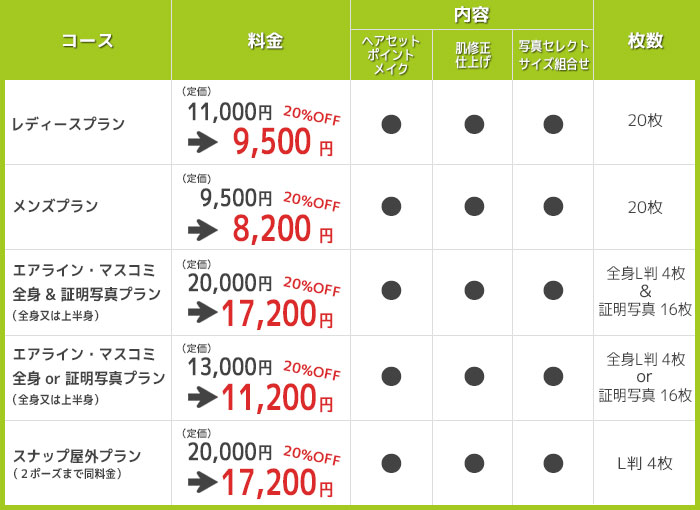 料金メニュー(予約必要)