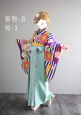 卒業袴レンタル個性的青ストライプ花柄｜三宮ココロスタジオ